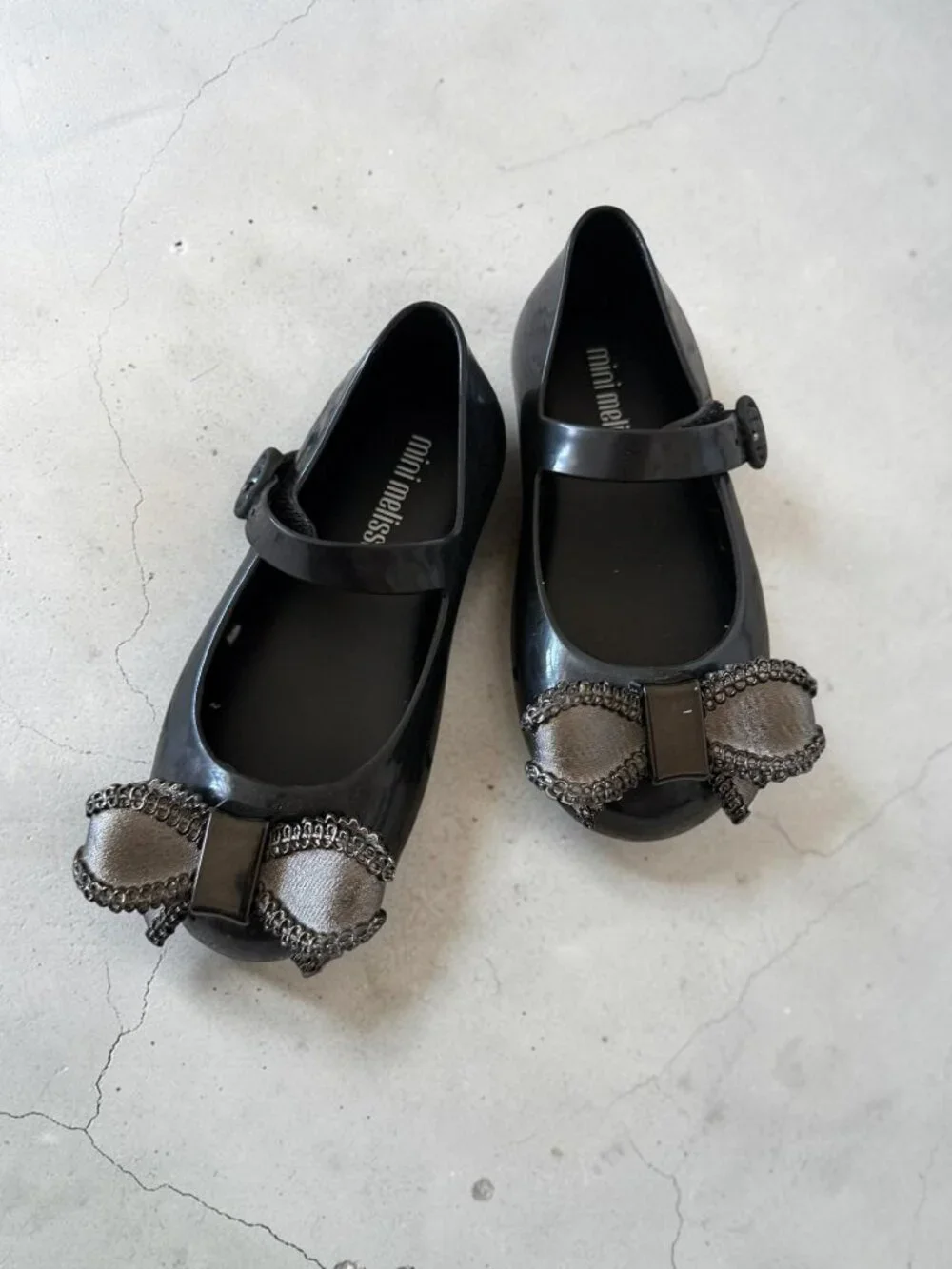 MINI MELISSA Silver Black Bow Mary Janes Flats Size 8